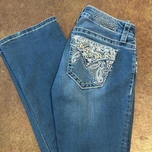 Miss Me Mid-Rise Slim Boot Jeans Lace Sequin Flap Pockets  Womens Size 29 EUC